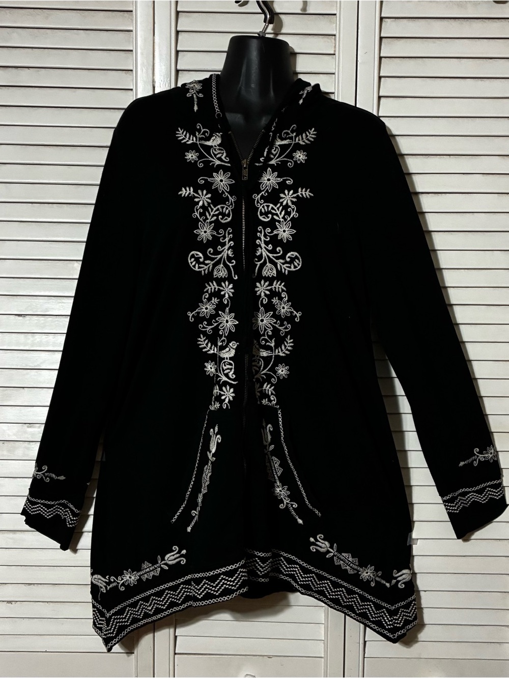 Black Embroidered Hooded Trench Coat